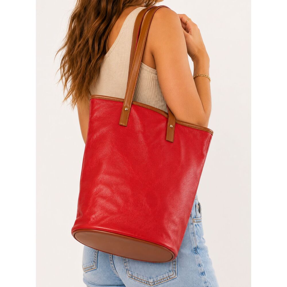 Vintage Esprit Red Faux Leather Tote Bag Brown Trim Y2K 90s Shoulder Shopper